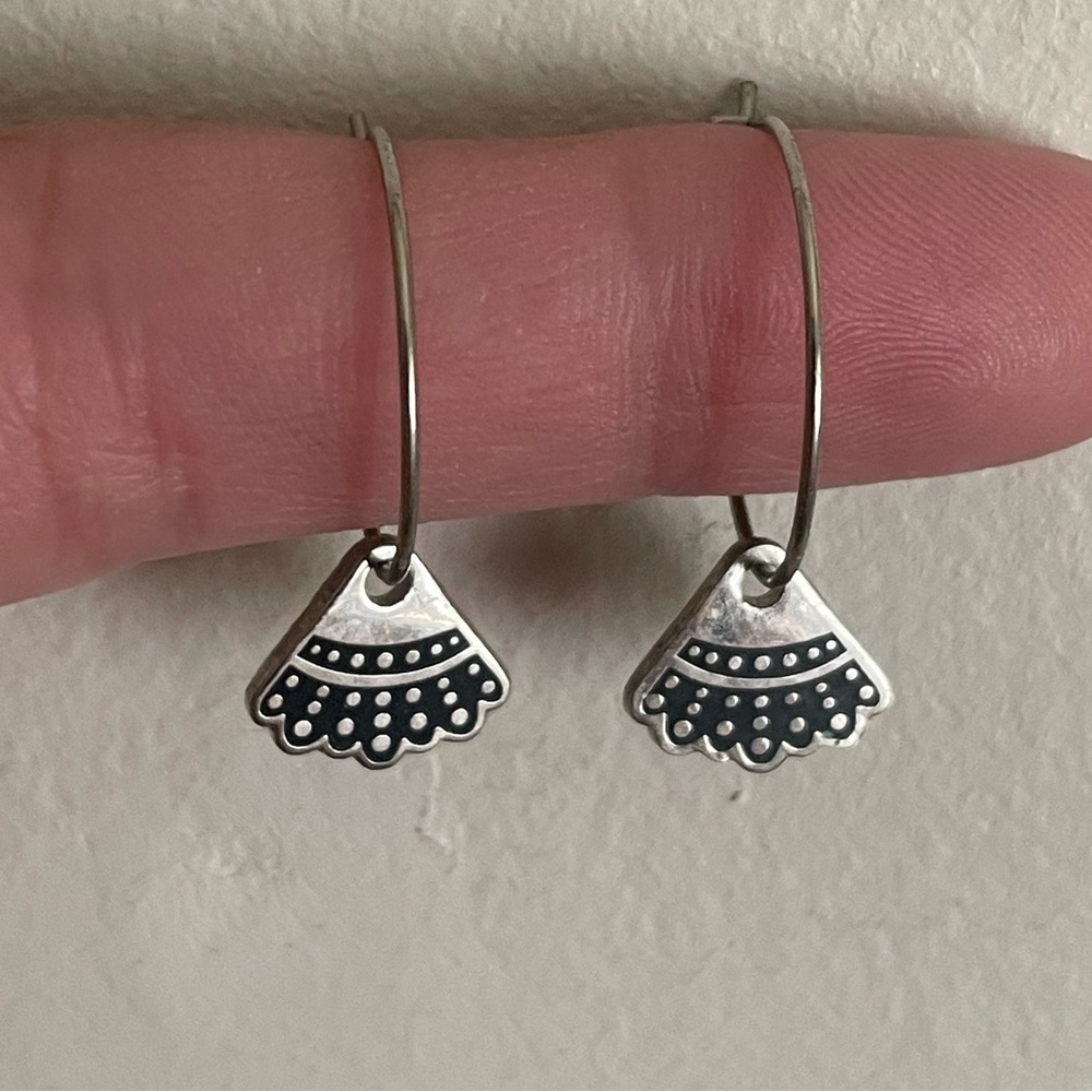 Silver Hoop Earrings with Black Decorative Fan Charms - RBG Dissent